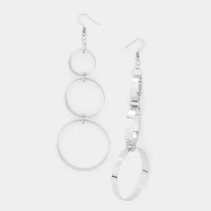 Oversized Triple Circle Metal Hoop Dangle Earrings Silver Tone