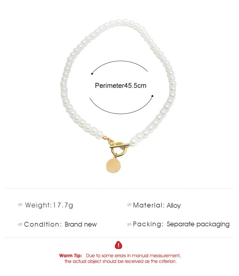 Pearl Necklace Simple OT Buckle Disc Choker Clavicle Chain