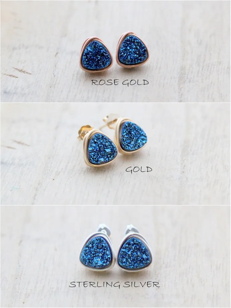 Petite Triangle Druzy Studs - Cobalt