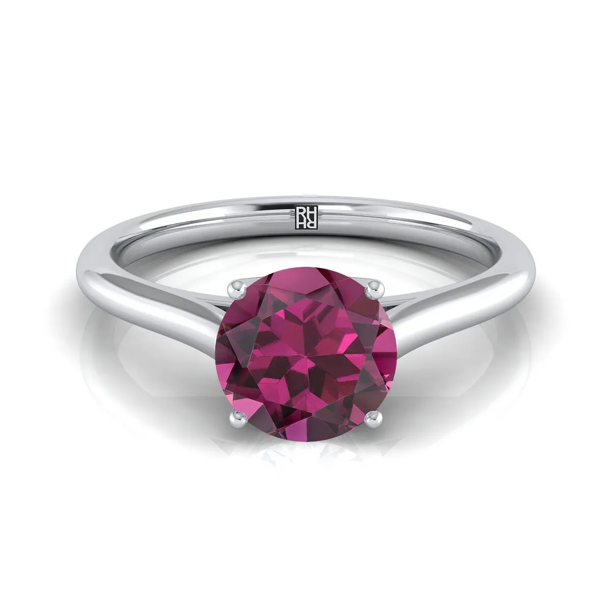 Platinum Round Brilliant Garnet Cathedral Style Comfort Fit Solitaire Engagement Ring