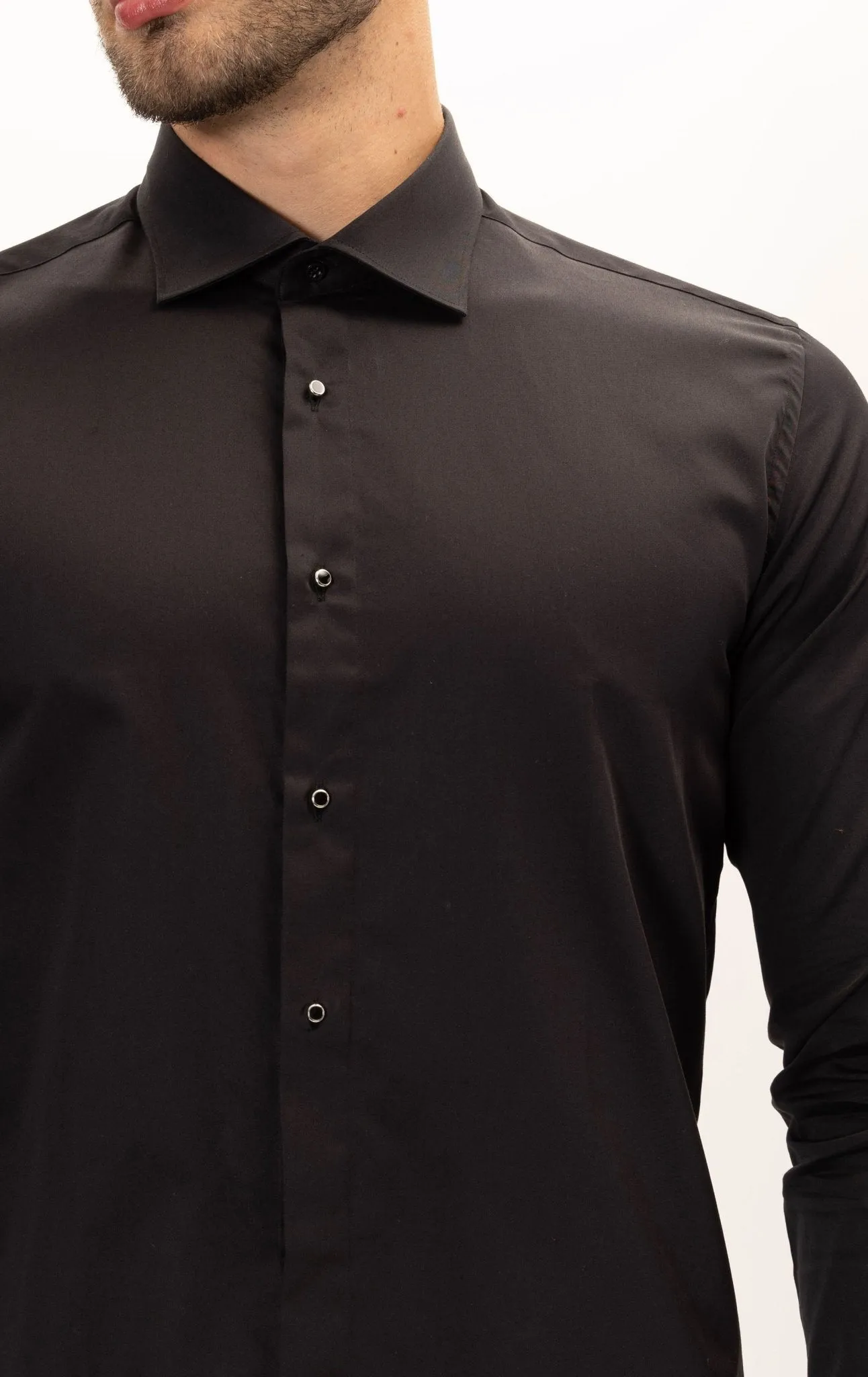 Pure Cotton Classic Collar Stud Button French Cuff Tuxedo Shirt - Jet Black
