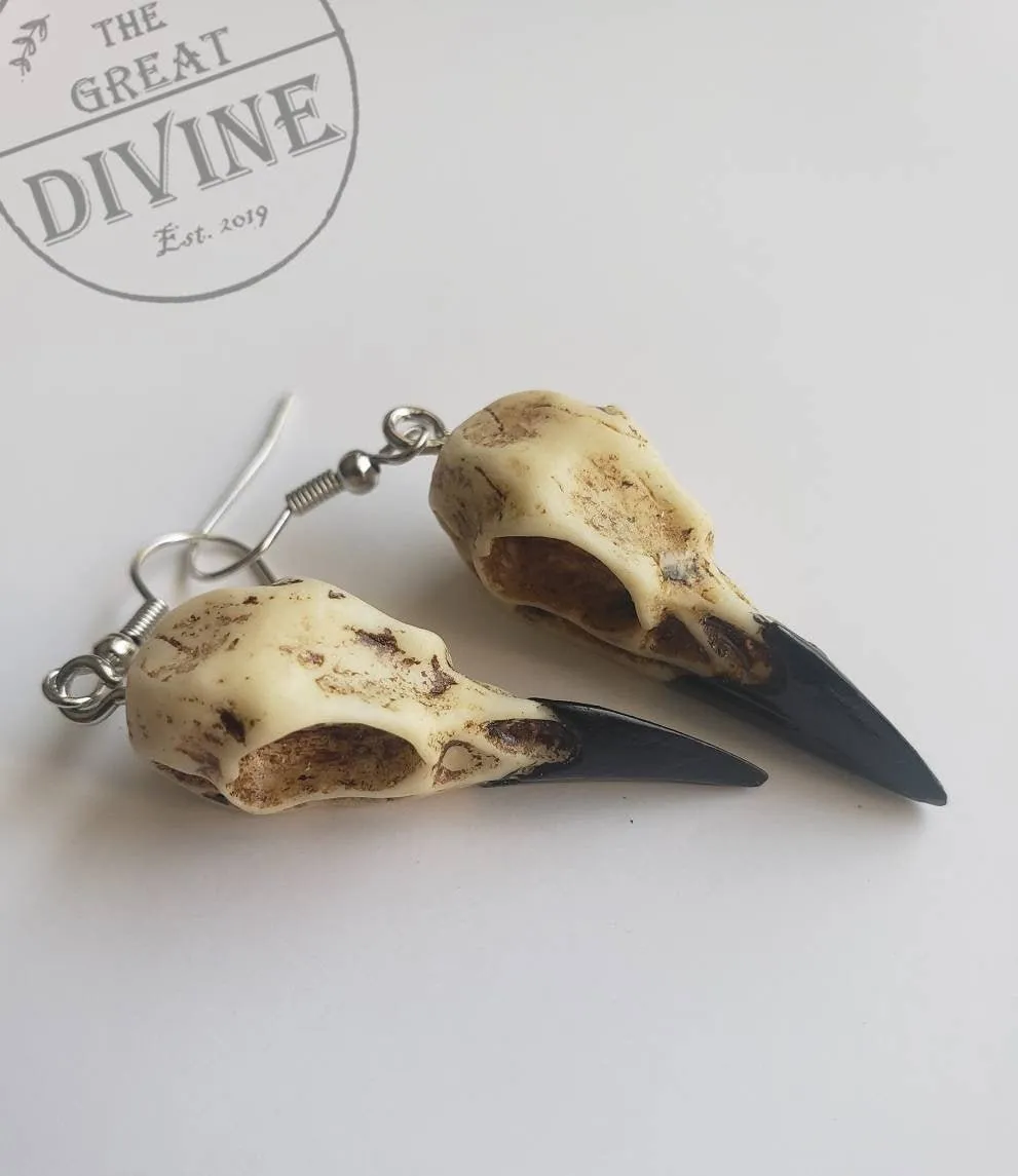 Raven Skull Earrings, Dangle Raven Skull Earrings, Crow Skull Earrings, Edgy Dangle Earrings