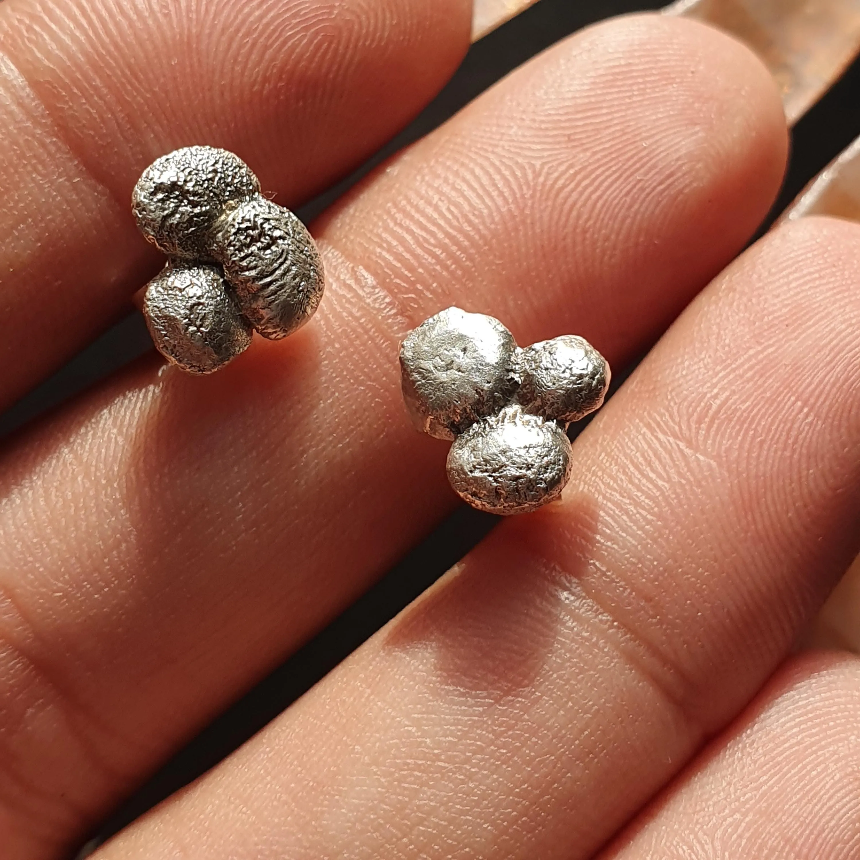 Raw Organic Silver Nugget Stud Earrings, Minimalist and Unique, Sterling, 925 ,Gifts, Handmade, jewelry, Women,Irregular,Cluster, Bold
