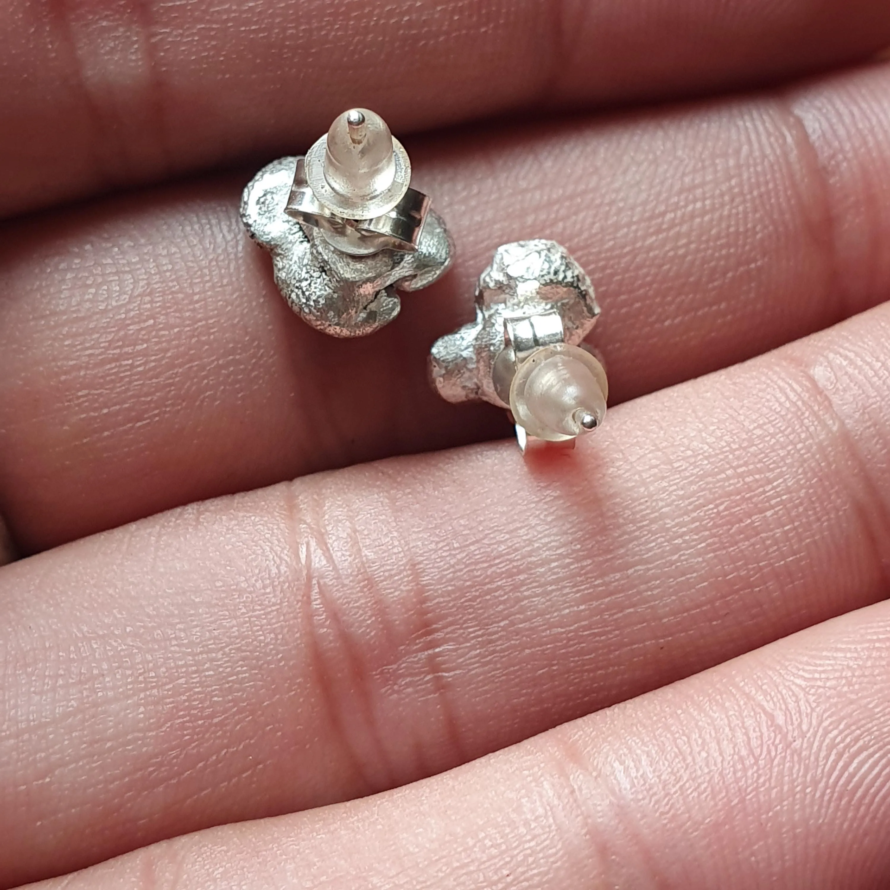 Raw Organic Silver Nugget Stud Earrings, Minimalist and Unique, Sterling, 925 ,Gifts, Handmade, jewelry, Women,Irregular,Cluster, Bold
