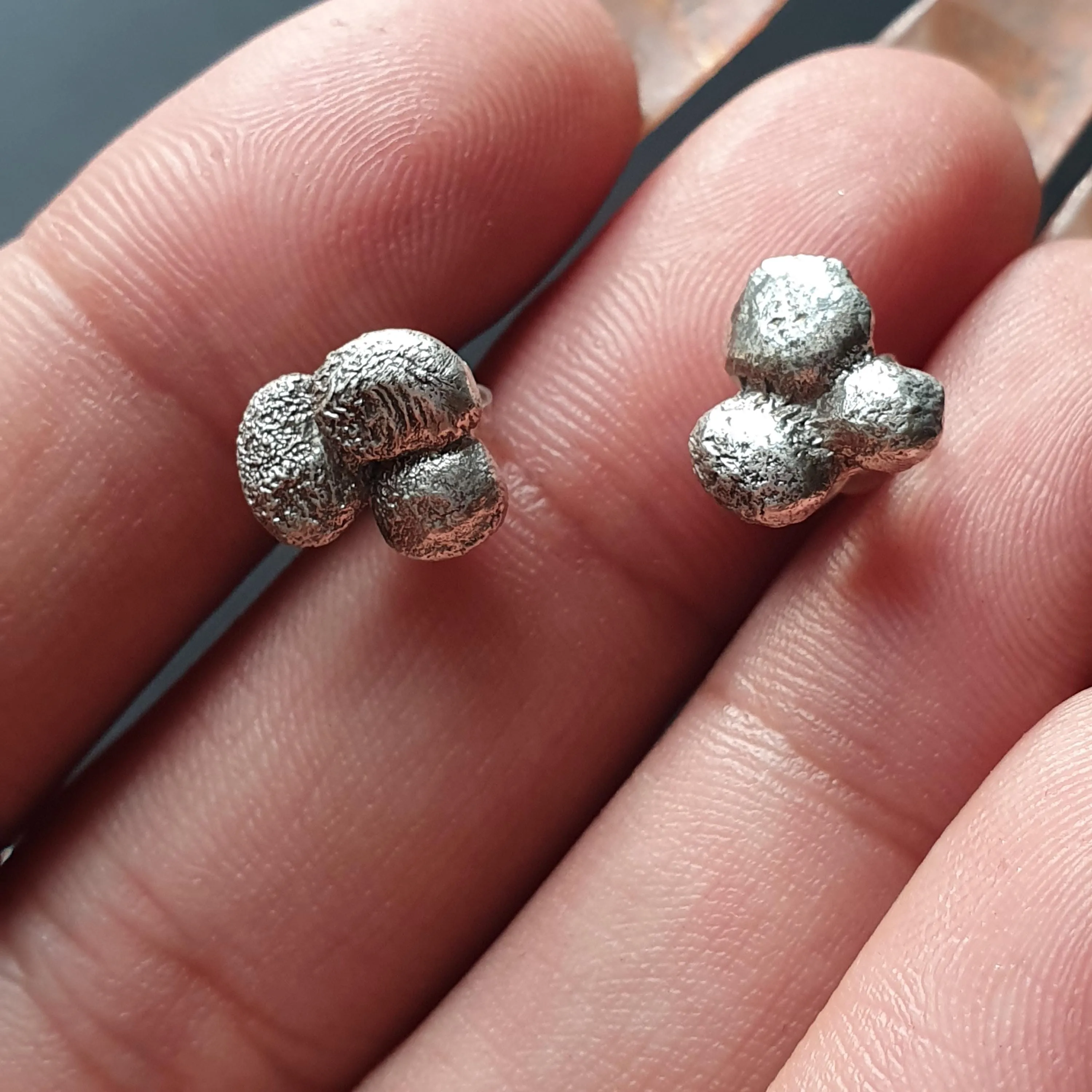 Raw Organic Silver Nugget Stud Earrings, Minimalist and Unique, Sterling, 925 ,Gifts, Handmade, jewelry, Women,Irregular,Cluster, Bold