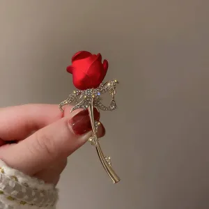 Red Rose Rhinestone Gold-Toned Brooch