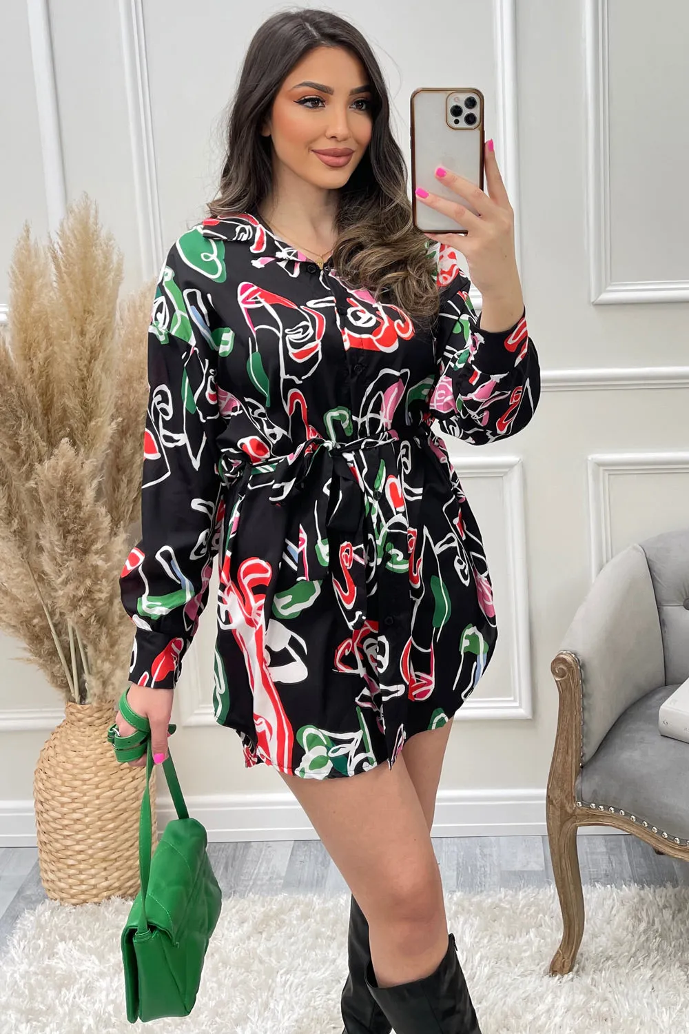 Ruken Black Abstract Print Oversized Belted Shirt