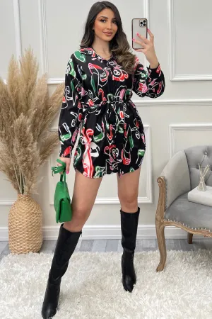 Ruken Black Abstract Print Oversized Belted Shirt
