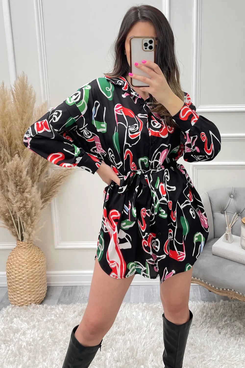 Ruken Black Abstract Print Oversized Belted Shirt