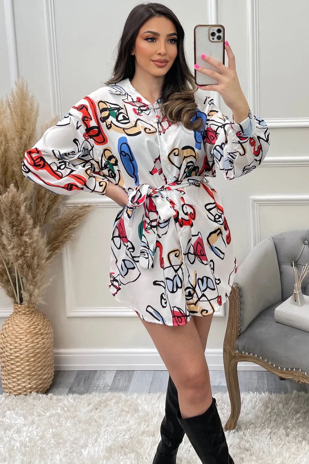 Ruken White Abstract Print Oversized Belted Shirt