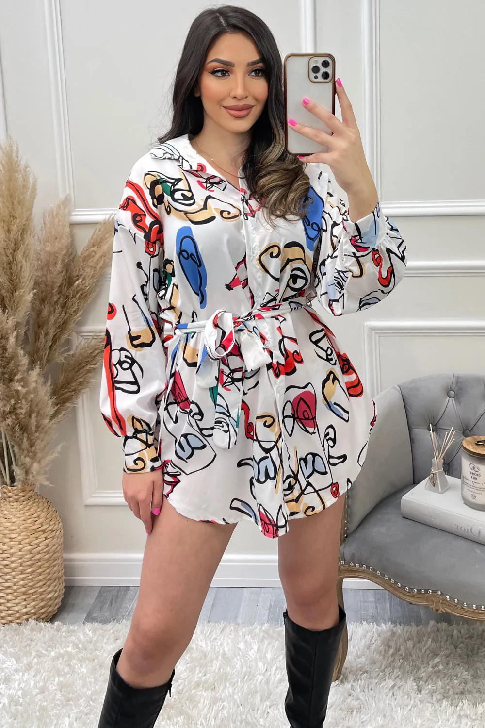 Ruken White Abstract Print Oversized Belted Shirt