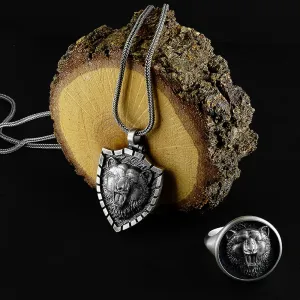 Silver Bear Head Man Pendant Oxidized Necklace with Chain 925 Silver Scandinavian Men Jewelry