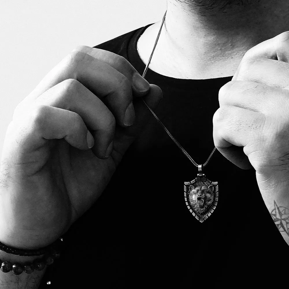 Silver Bear Head Man Pendant Oxidized Necklace with Chain 925 Silver Scandinavian Men Jewelry
