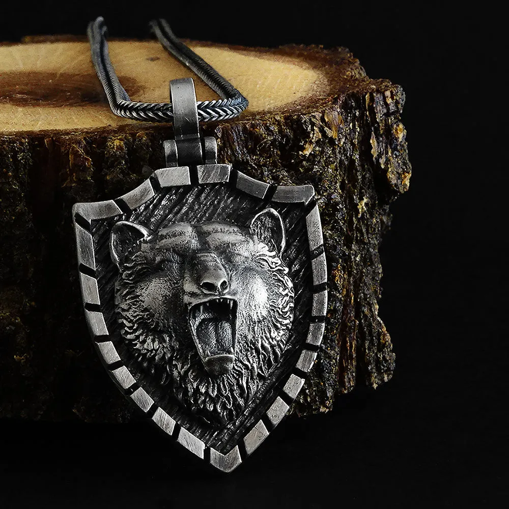 Silver Bear Head Man Pendant Oxidized Necklace with Chain 925 Silver Scandinavian Men Jewelry