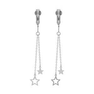 Silver Double Chains with Star Ends Clip On Dangling Earrings