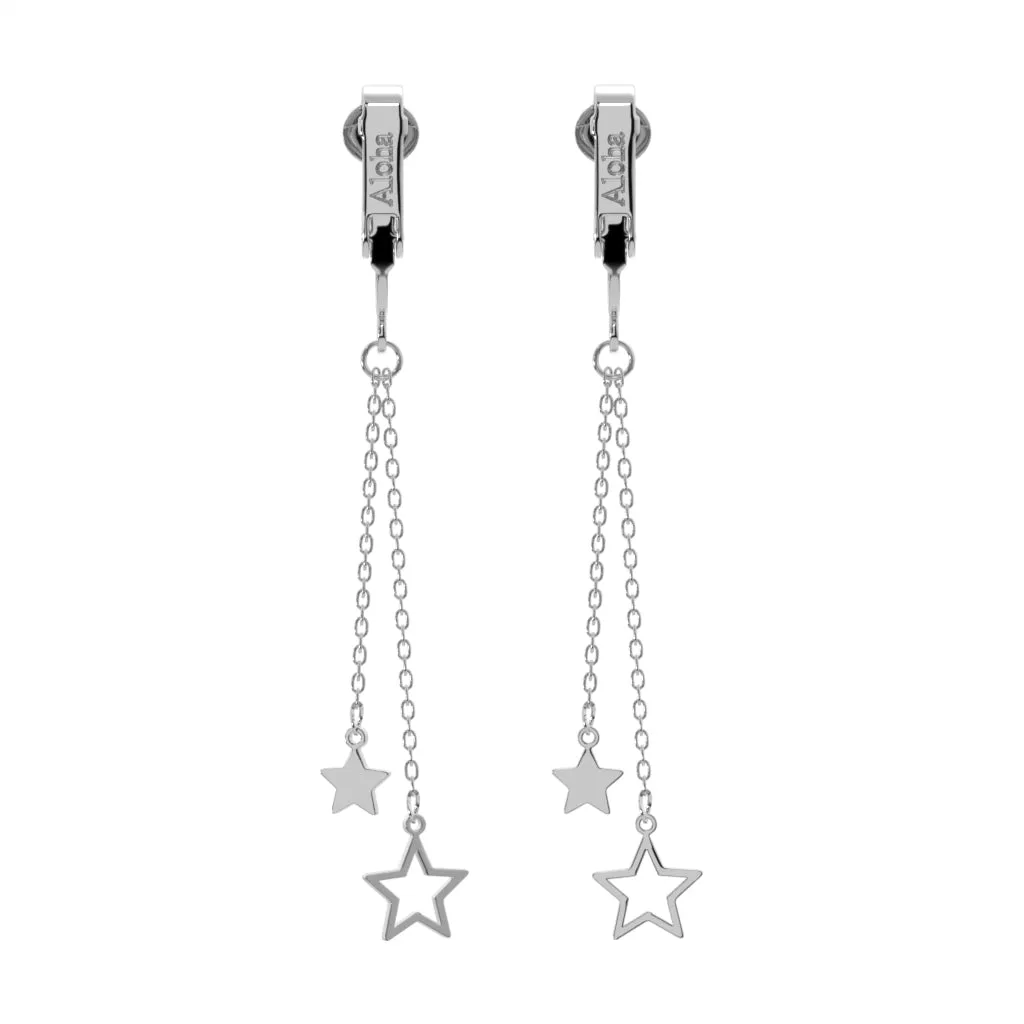 Silver Double Chains with Star Ends Clip On Dangling Earrings