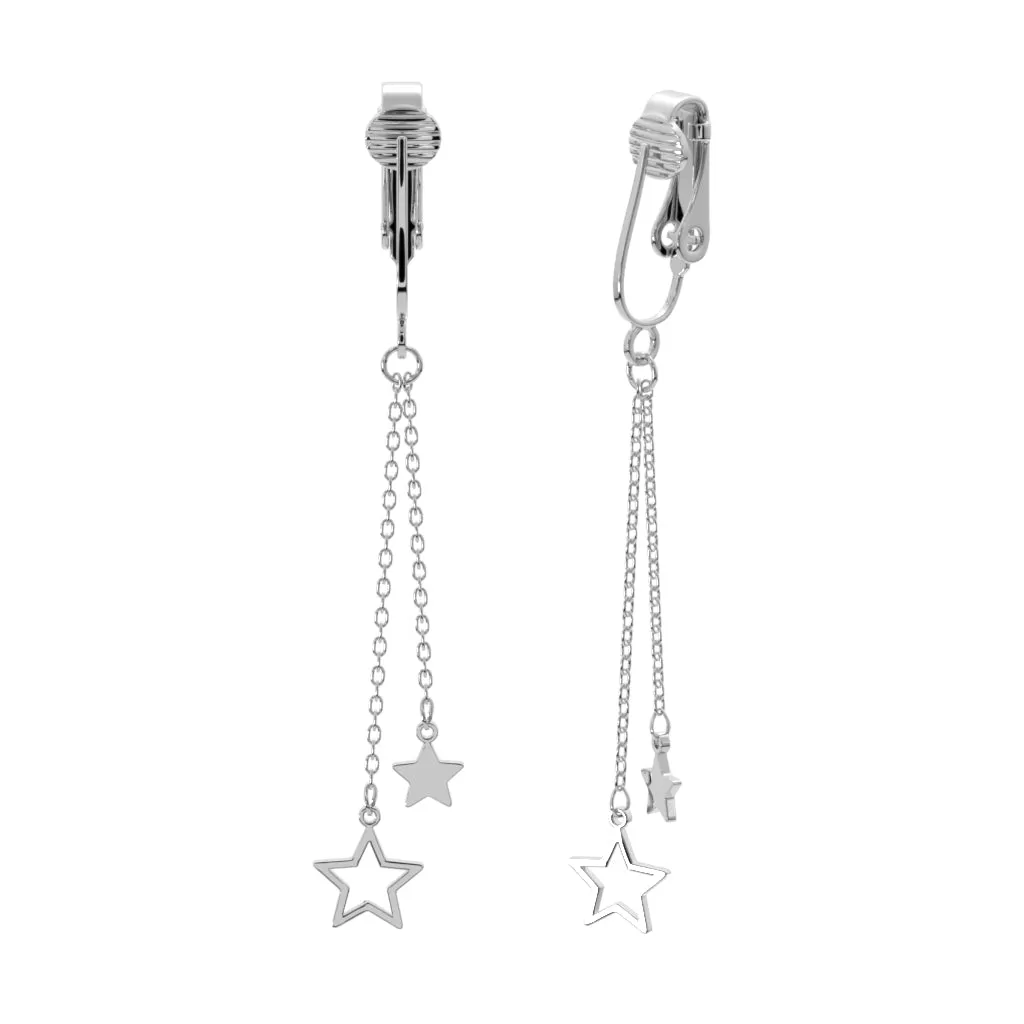 Silver Double Chains with Star Ends Clip On Dangling Earrings