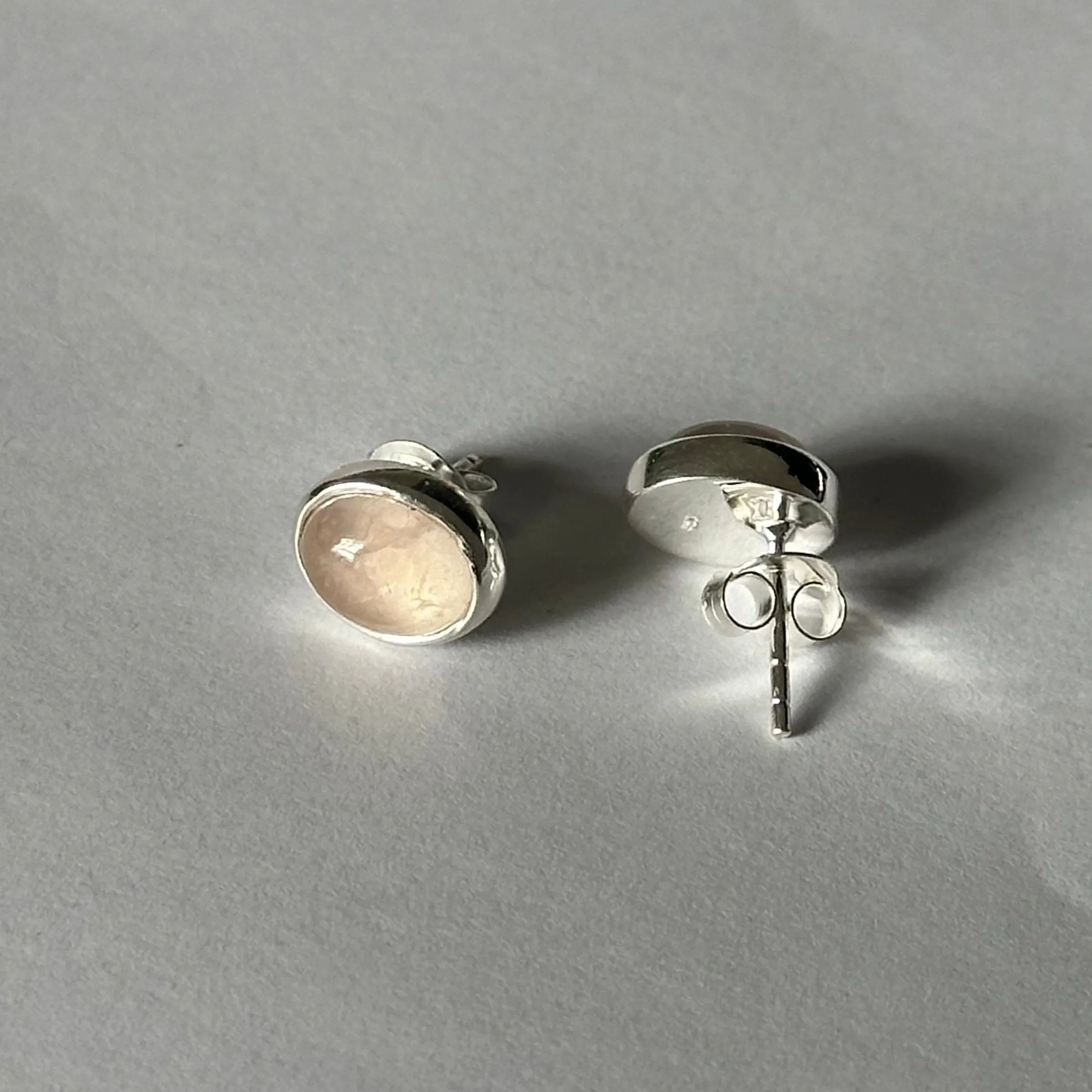 Sterling Silver Oval Stud Earrings with Cabochon Cut Rose Quartz Gemstone
