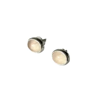Sterling Silver Oval Stud Earrings with Cabochon Cut Rose Quartz Gemstone