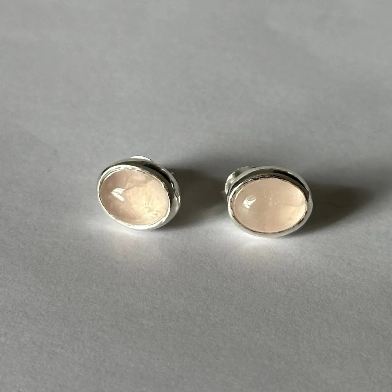 Sterling Silver Oval Stud Earrings with Cabochon Cut Rose Quartz Gemstone