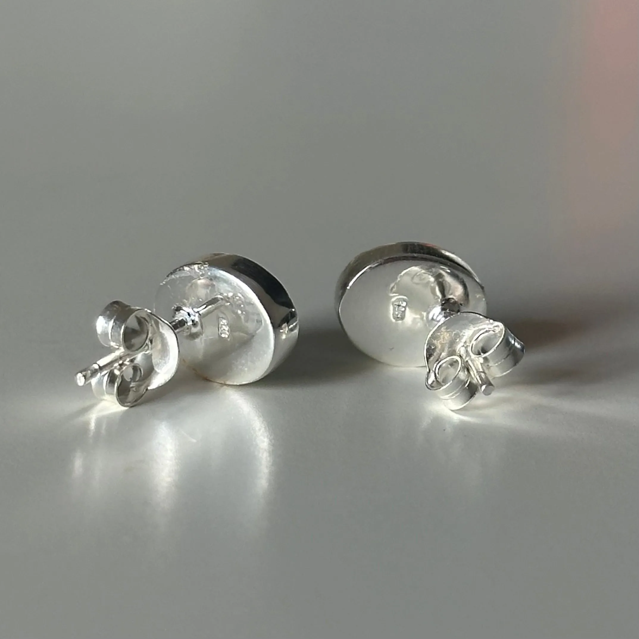 Sterling Silver Oval Stud Earrings with Cabochon Cut Rose Quartz Gemstone