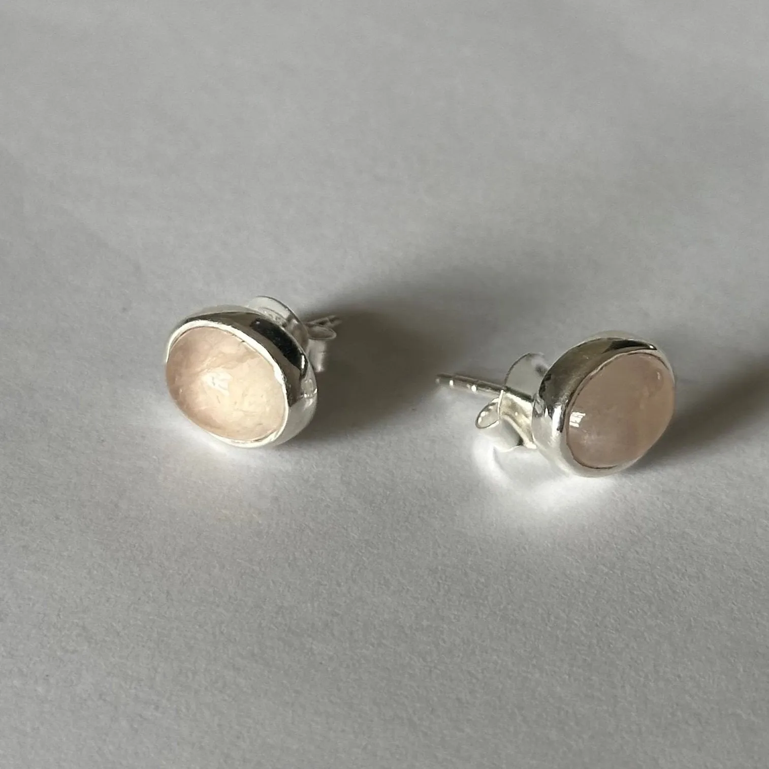 Sterling Silver Oval Stud Earrings with Cabochon Cut Rose Quartz Gemstone