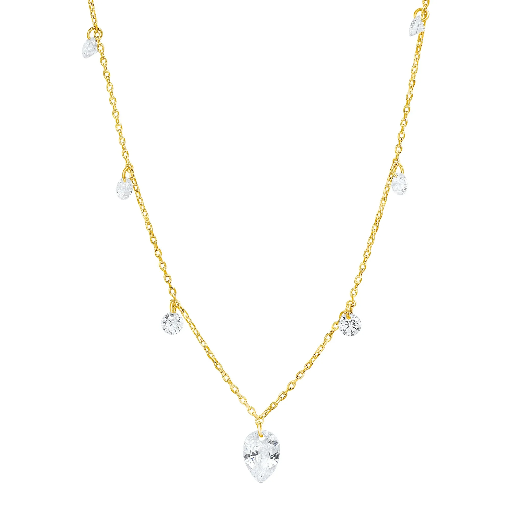 Tai Gold simple chain necklace with multiple floating tear shaped CZ pendant