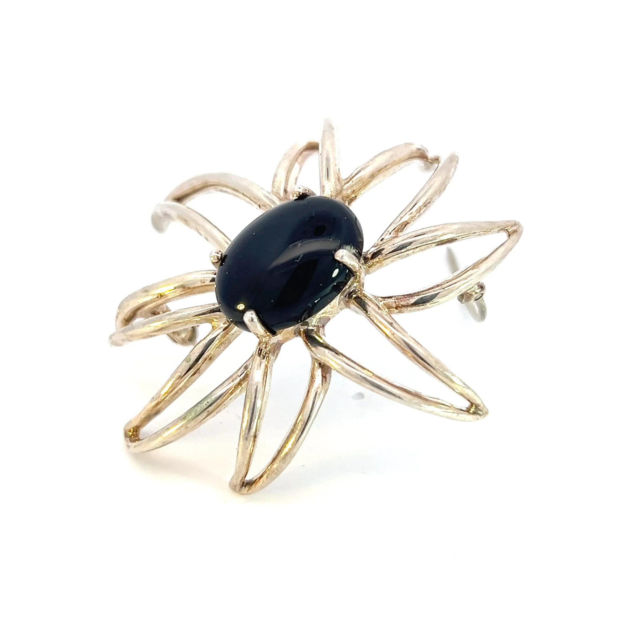 Tiffany & Co Estate Large Onyx Flower Brooch Sterling Silver TIF518