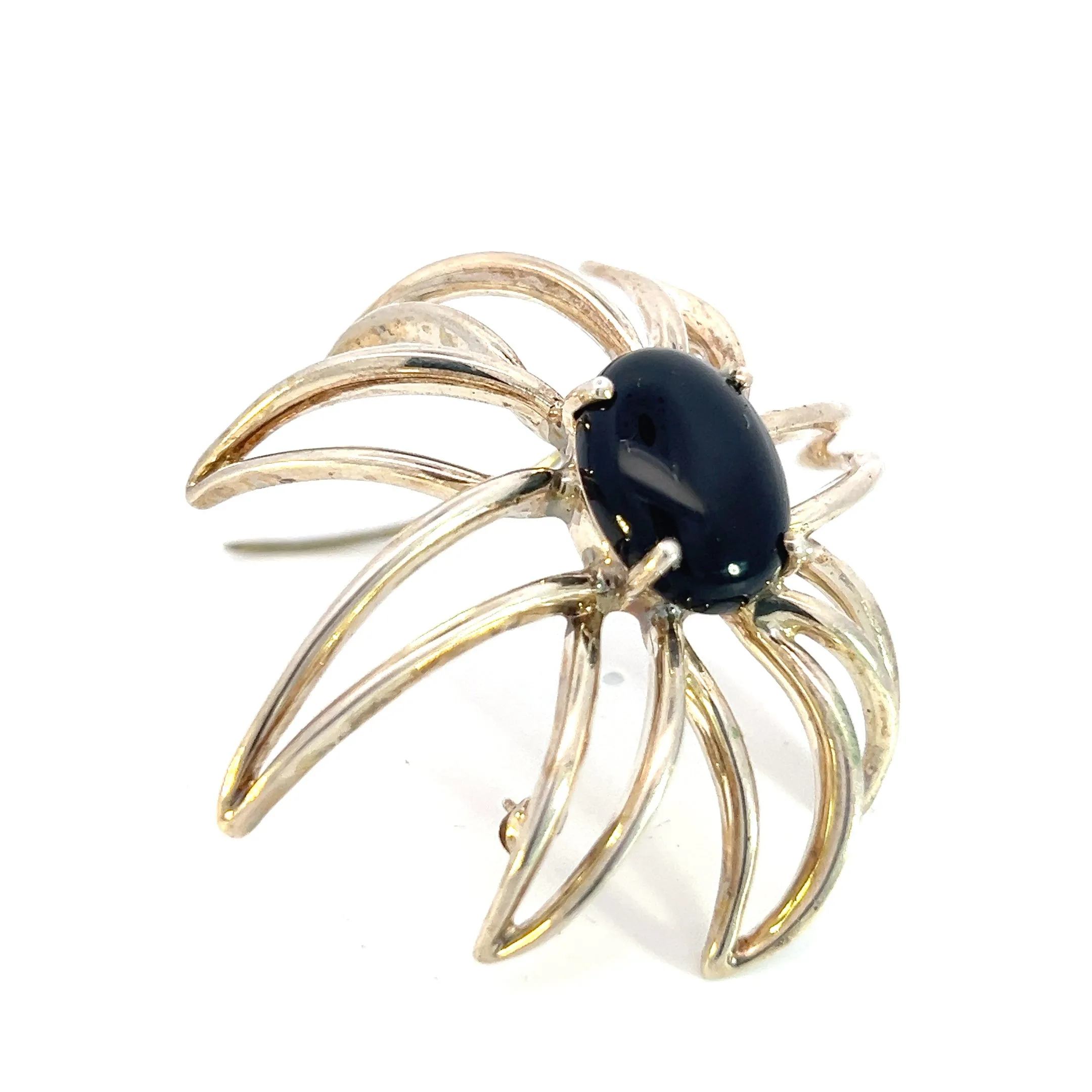 Tiffany & Co Estate Large Onyx Flower Brooch Sterling Silver TIF518