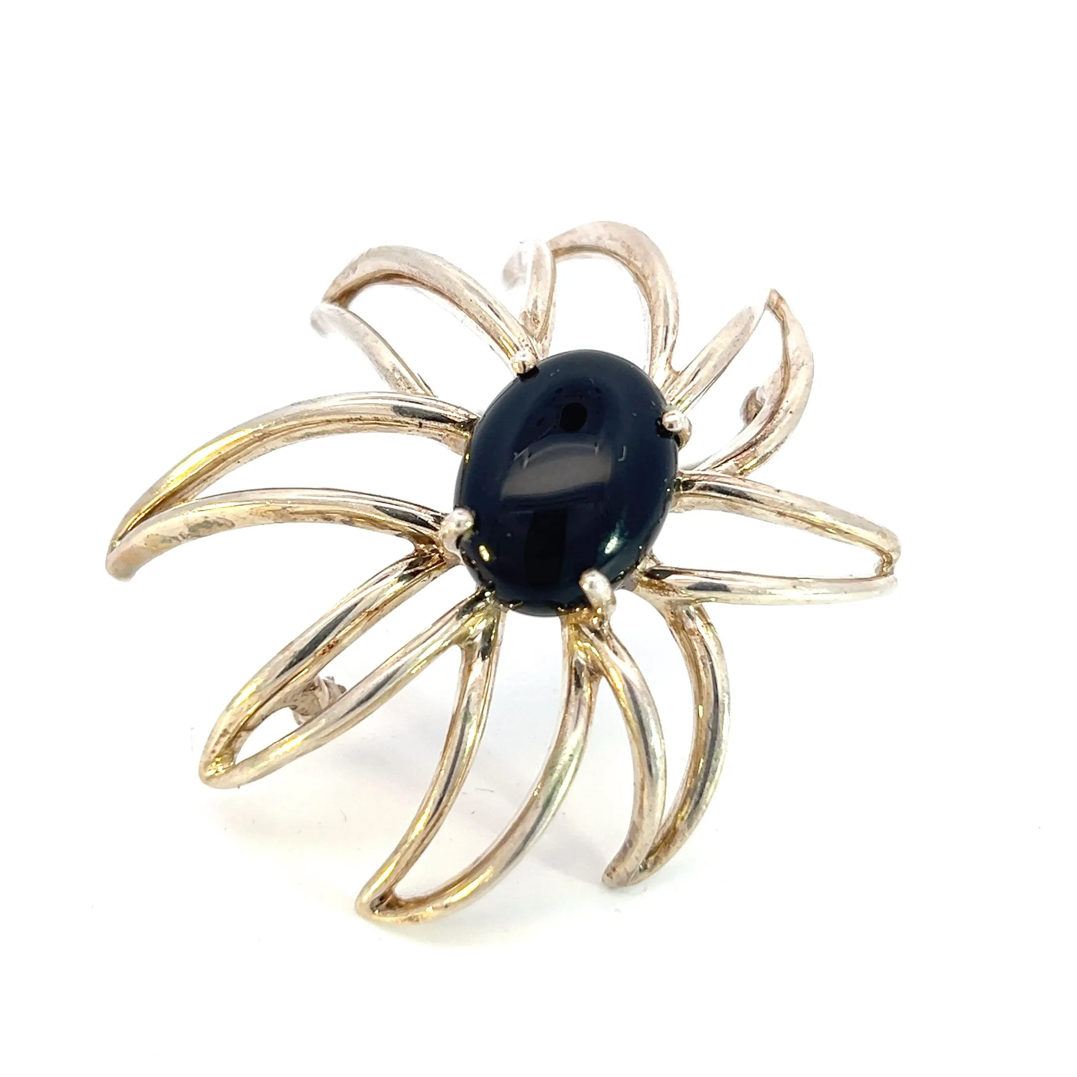 Tiffany & Co Estate Large Onyx Flower Brooch Sterling Silver TIF518