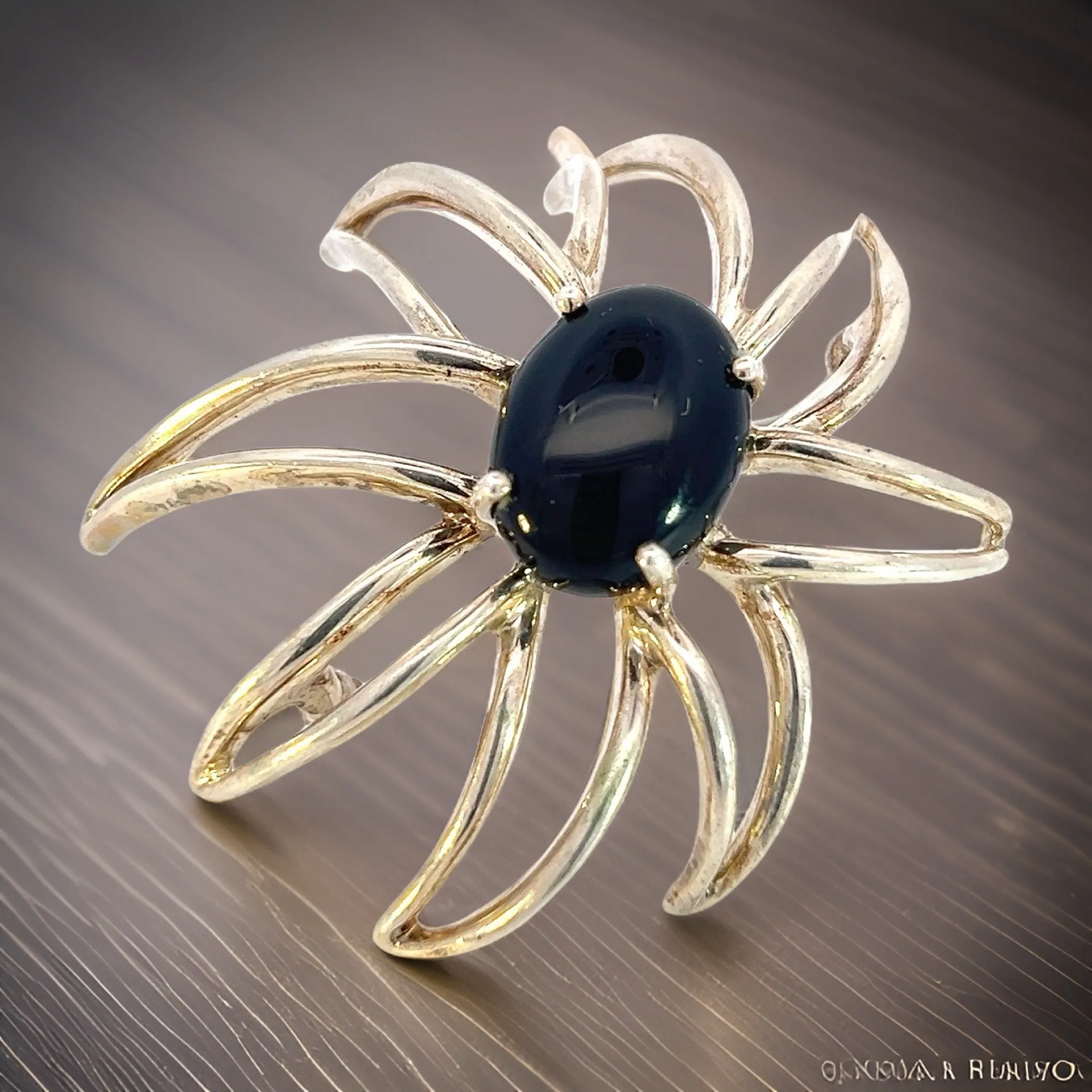 Tiffany & Co Estate Large Onyx Flower Brooch Sterling Silver TIF518