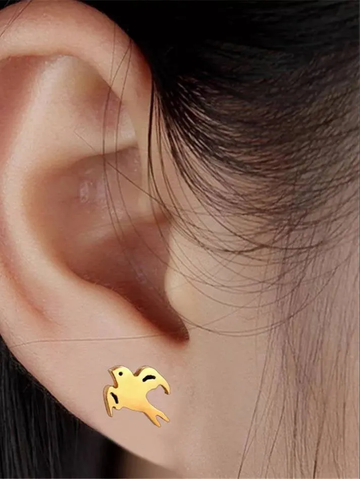 Titanium Gold Birds Stud Earrings