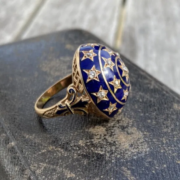 Vintage Diamond & Blue Enamel Ring