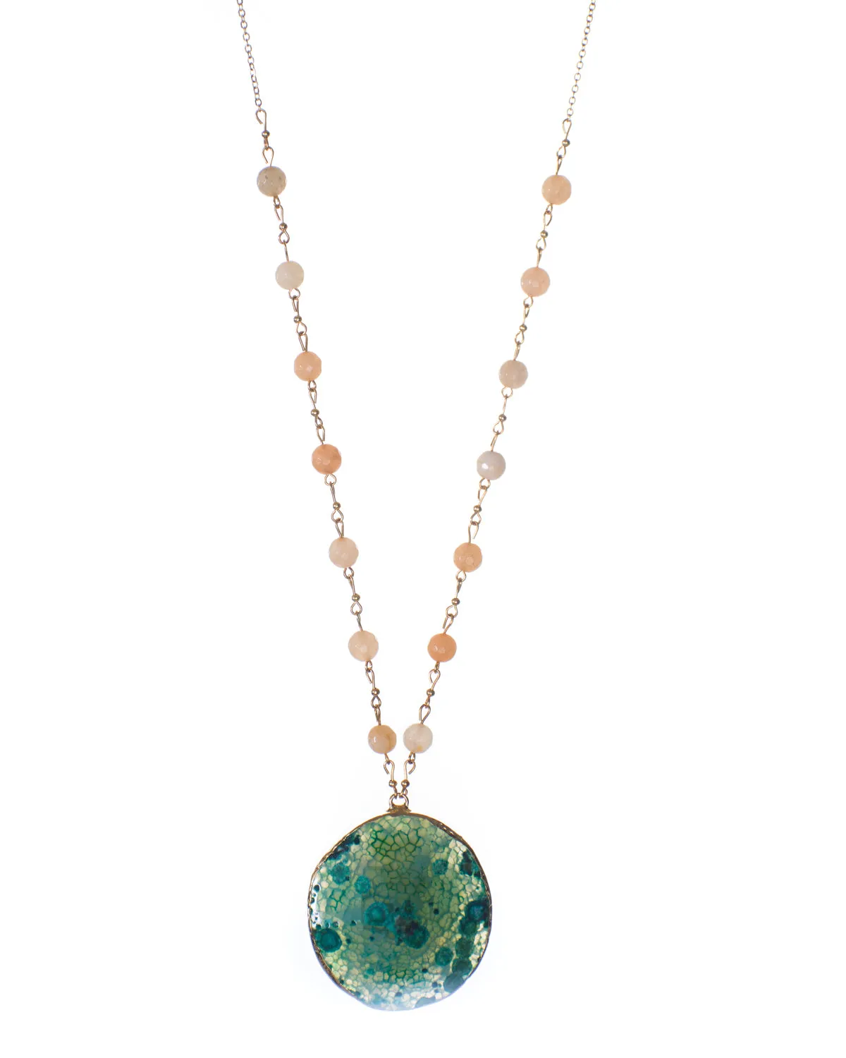 Vintage-Inspired Glass Round Pendant Long Beaded Necklace