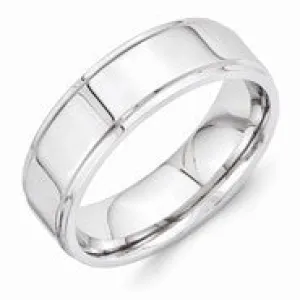 Vitalium Polished 7mm Ridged Edge Flat Wedding Band Ring