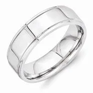 Vitalium Polished 7mm Ridged Edge Flat Wedding Band Ring