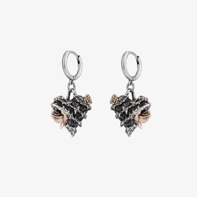 Women's Rockabilly Thorn Rose Heart Earrings