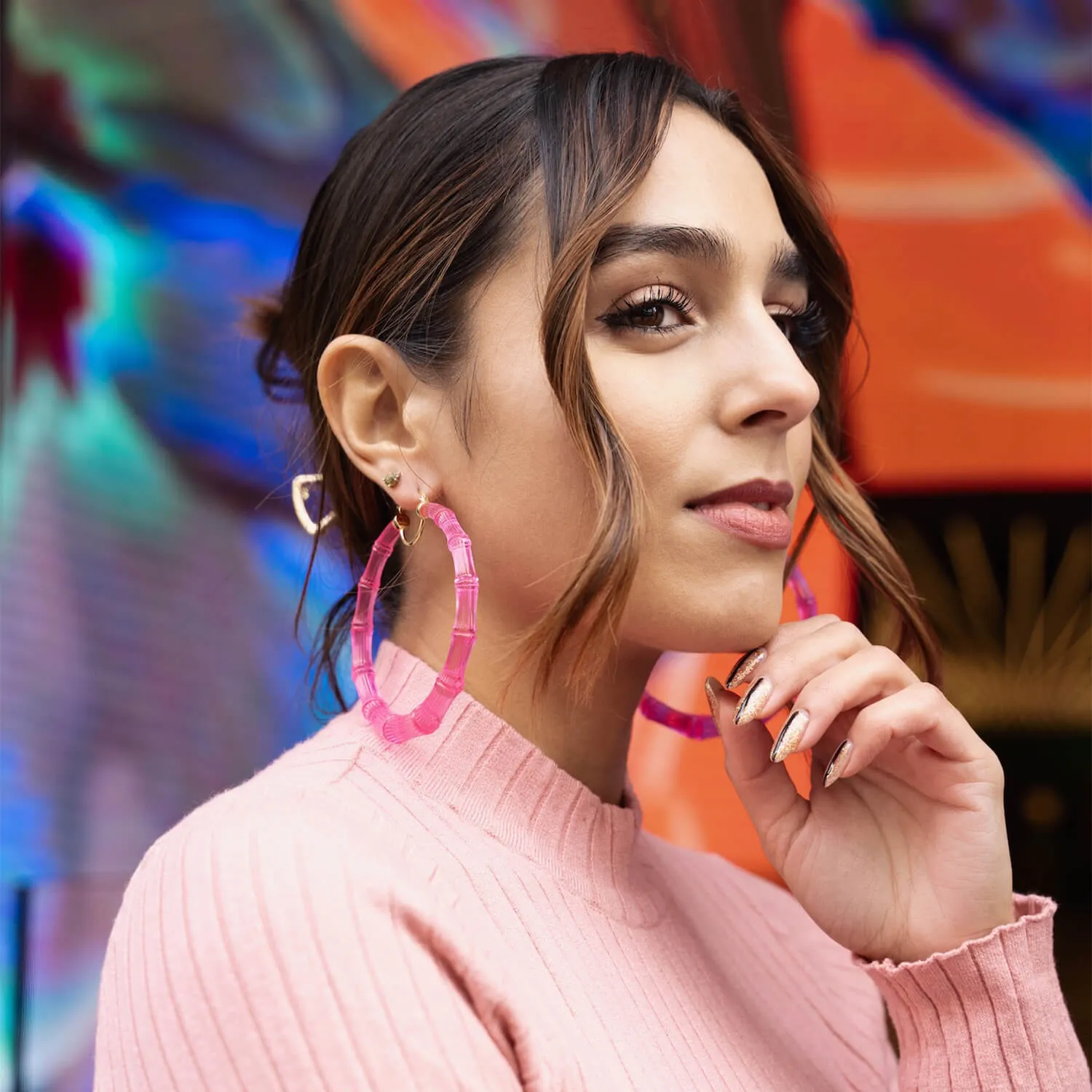 XL Pink Lucite Bamboo Hoop Earrings